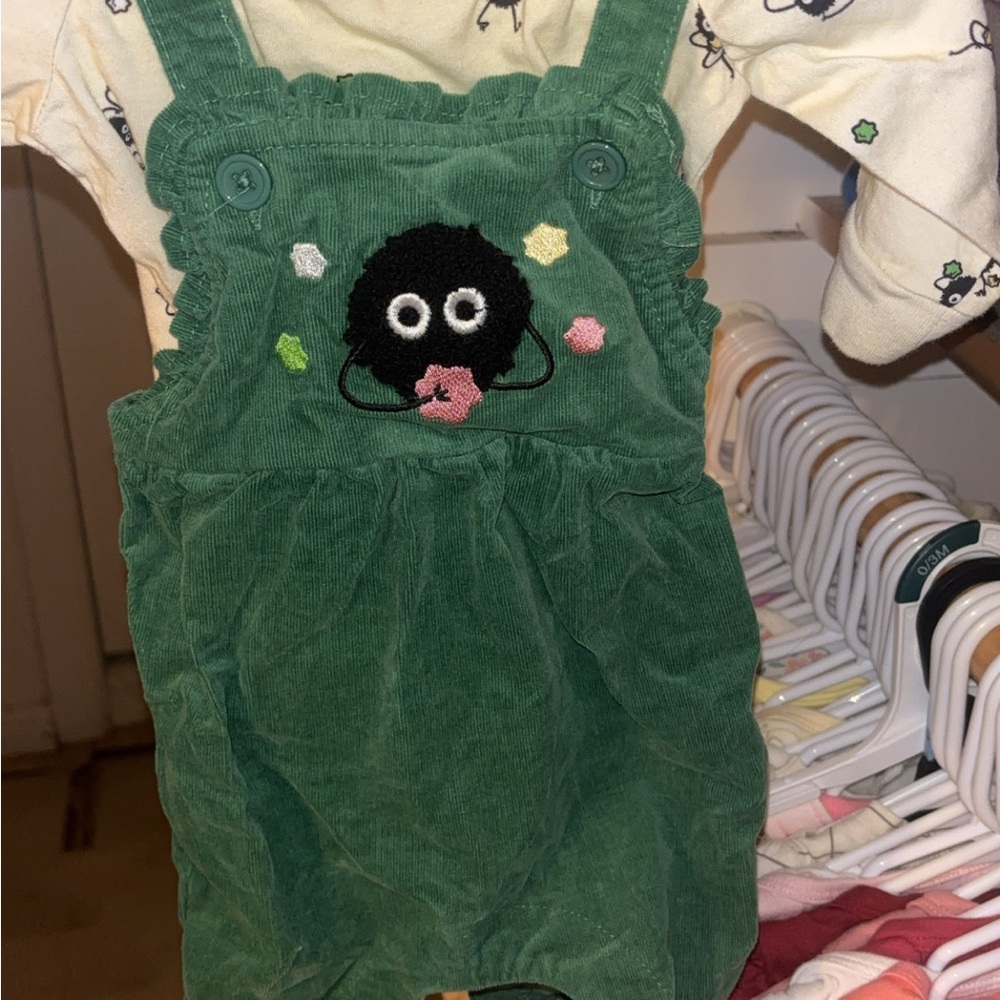 Green Corduroy Overalls with Character Embroidery